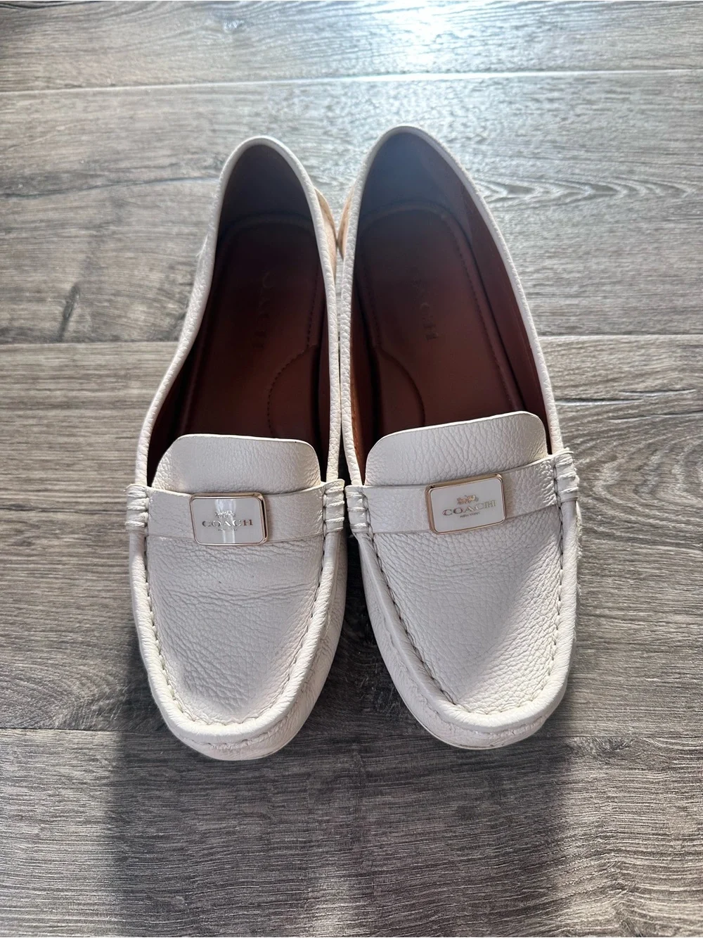 Coach White Pebbled Leather Penny Loafers with Gold Accent - Picture 1 of 7